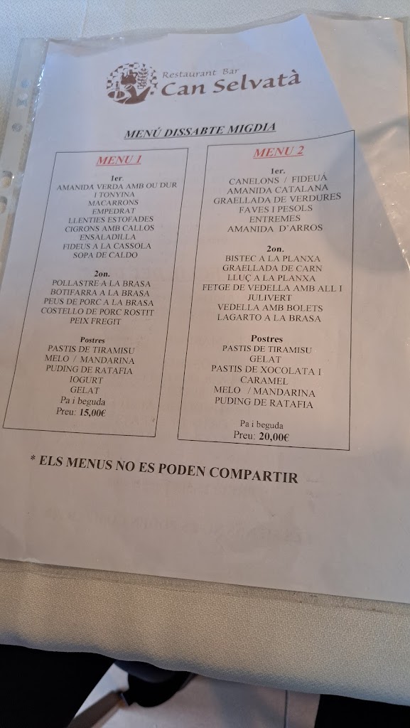 Restaurant Bar Can Selvata — Carta