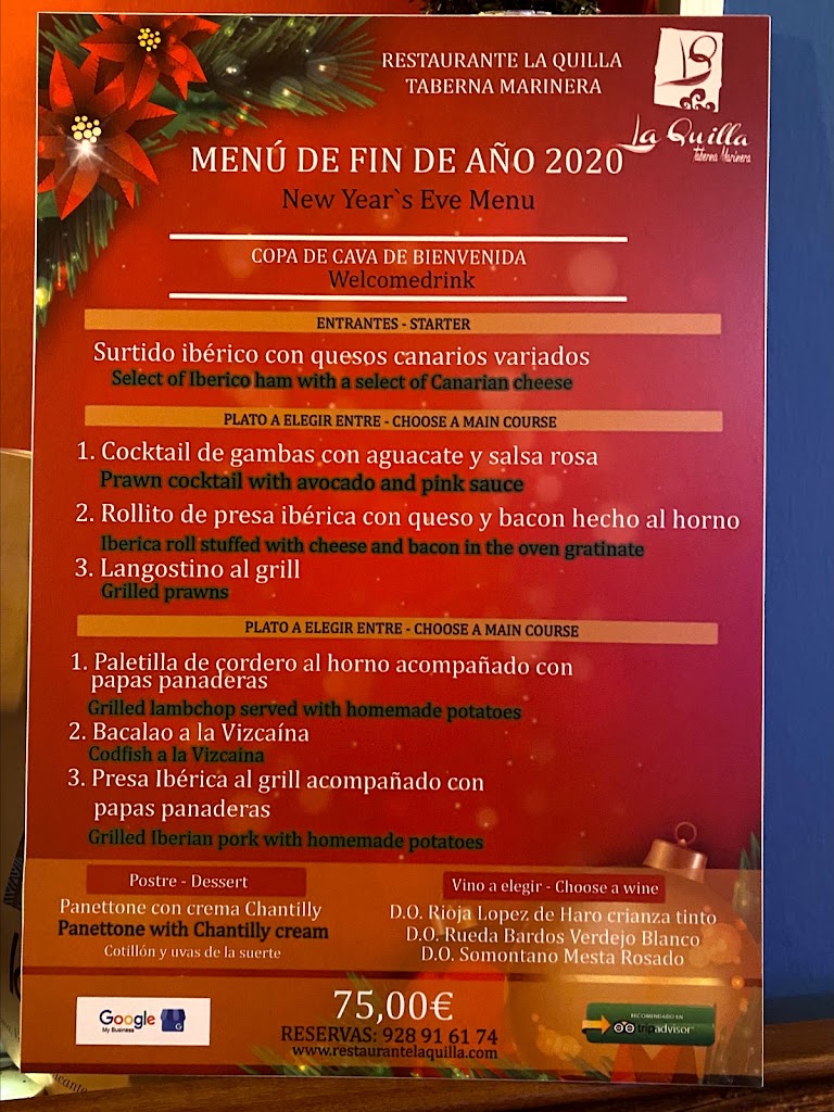 Restaurante La Quilla. Playa de las Canteras — Carta
