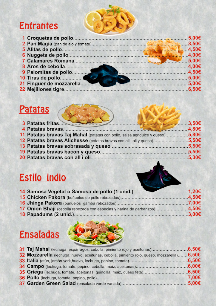Taj Mahal Restaurant — Carta