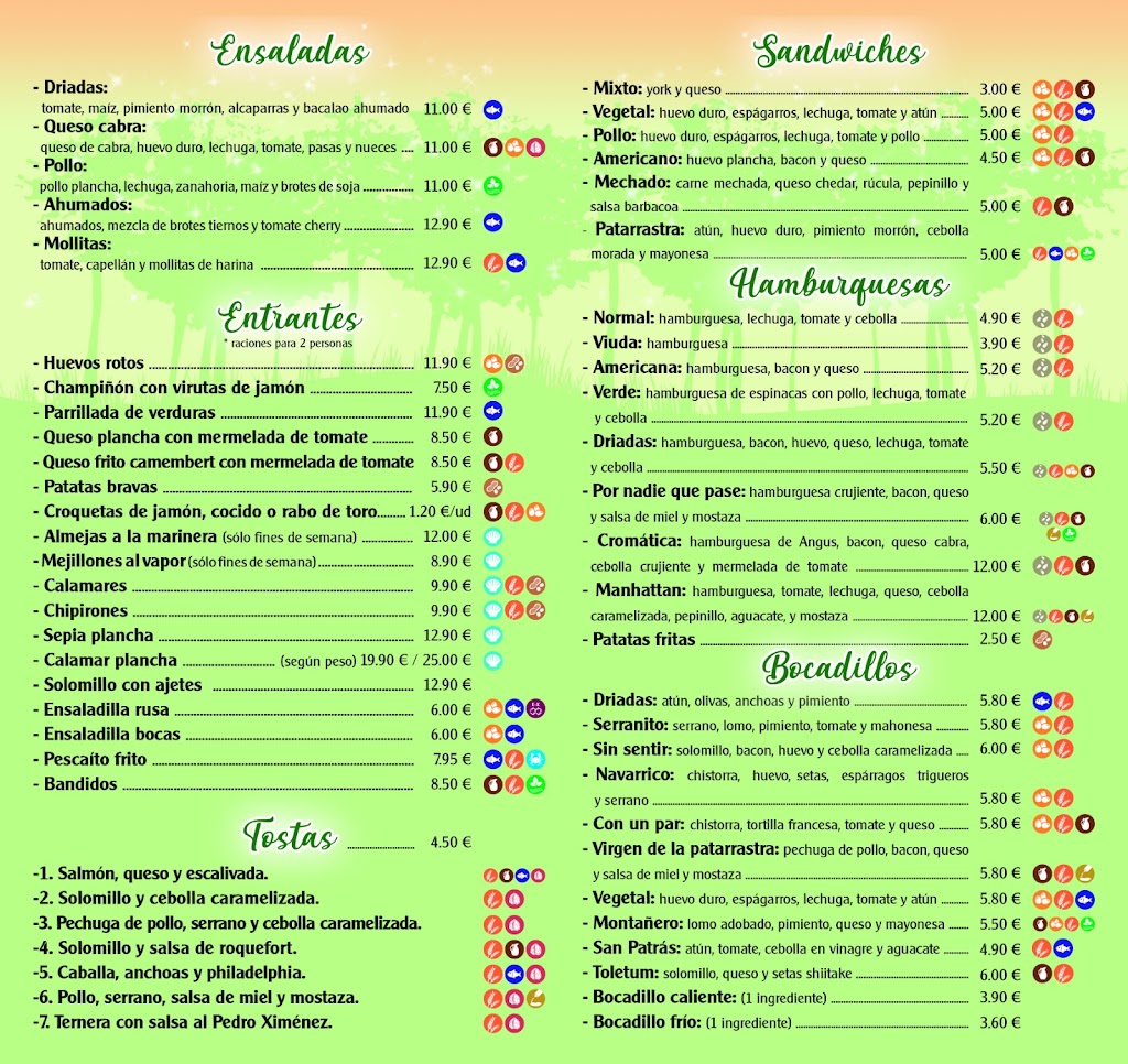 Driadas Cafe Bar — Carta