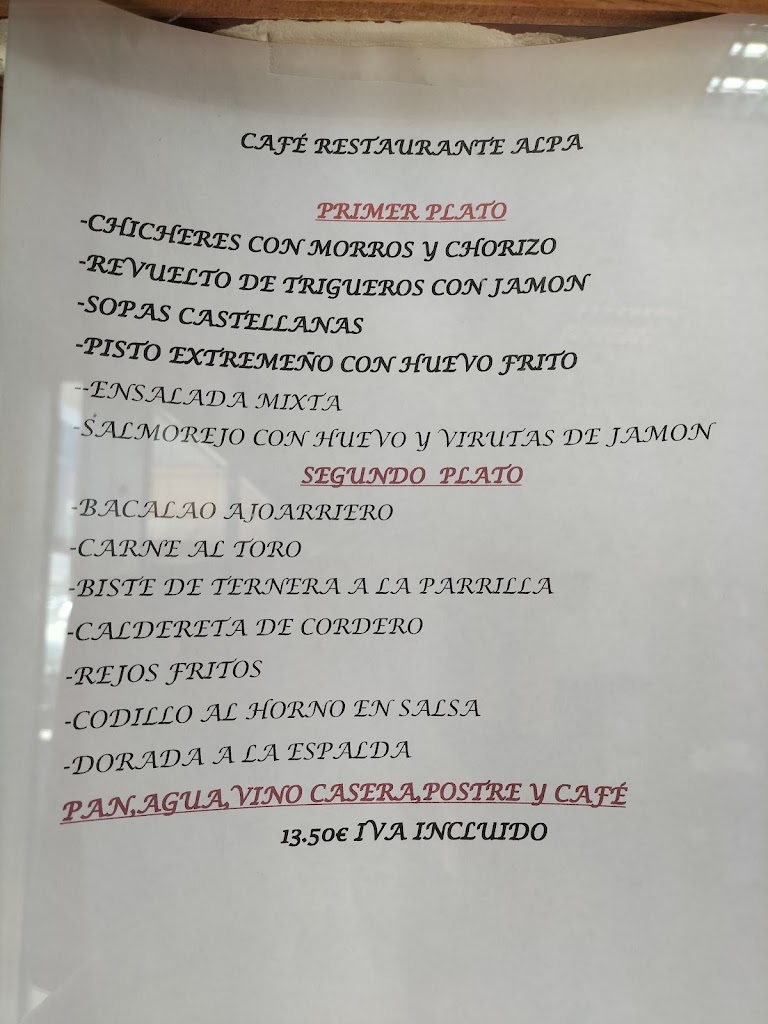 Cafe Bar Rtte. Alpa — Carta