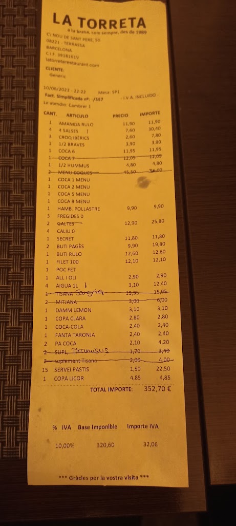 La Torreta a la brasa com sempre — Carta