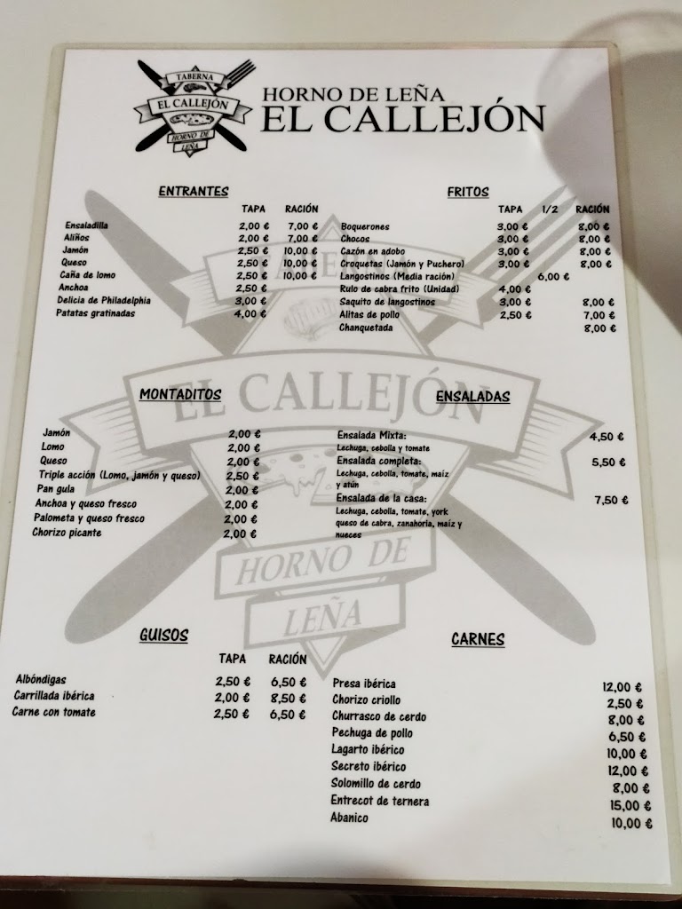 Horno de Lena Taberna El Callejon — Carta