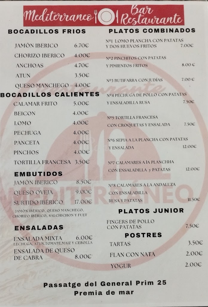 Restaurante bar Mediterraneo — Carta