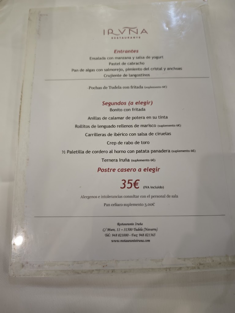 Iruna Restaurante — Carta