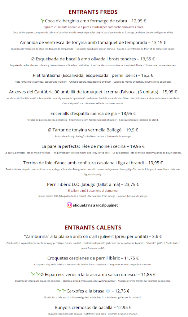 Restaurant Cal Pupinet — Carta