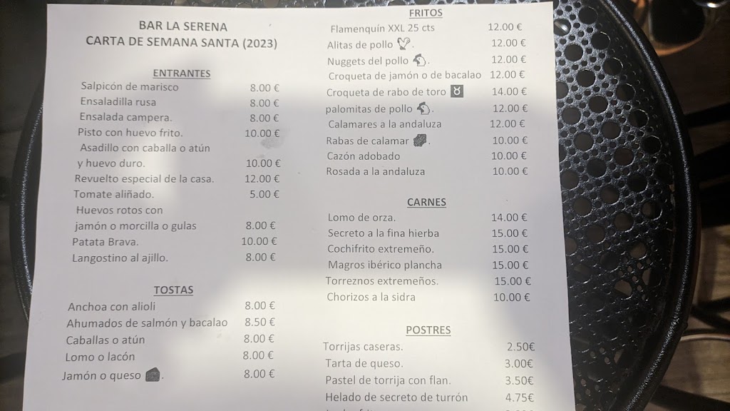 Cafe bar la serena — Carta