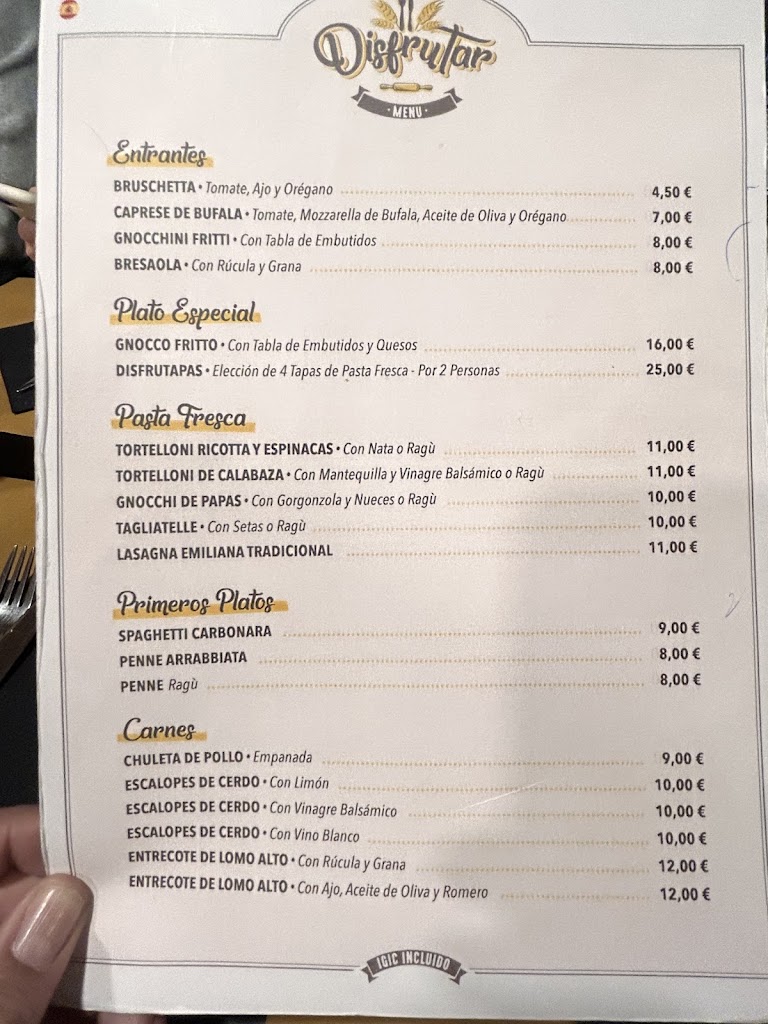 Disfrutar Restaurante y Pizzeria — Carta