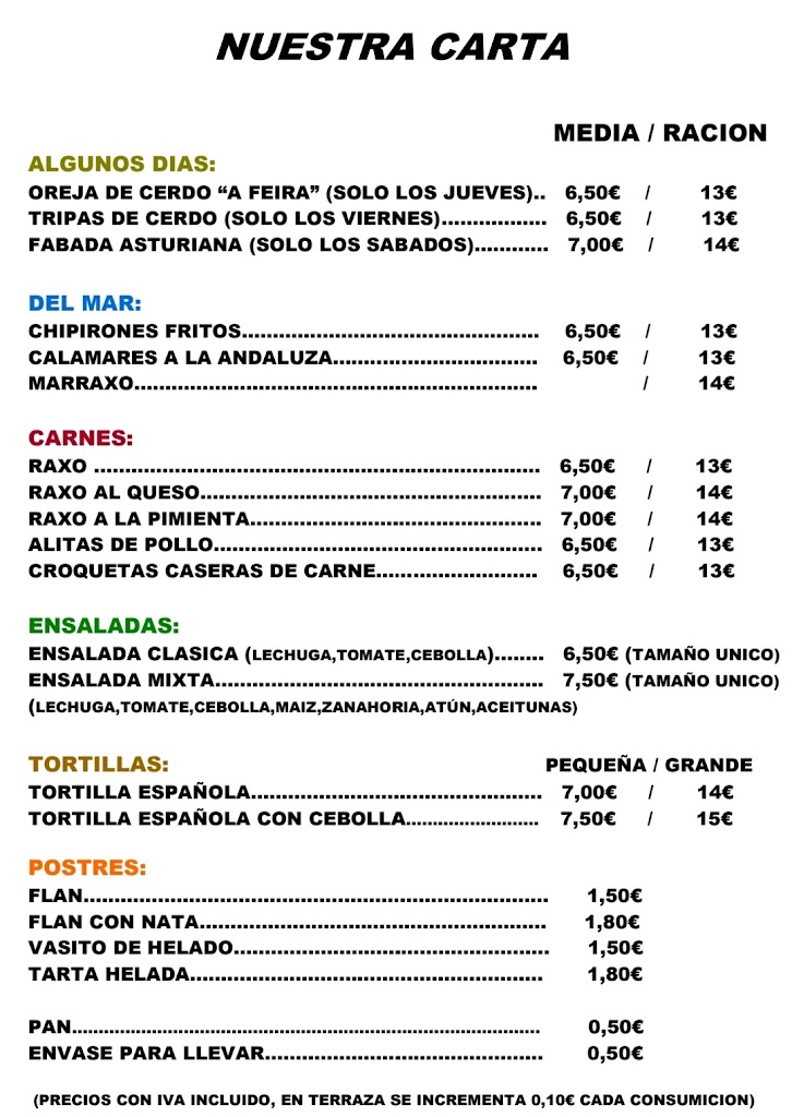 Cafe Bar O Carballo — Carta