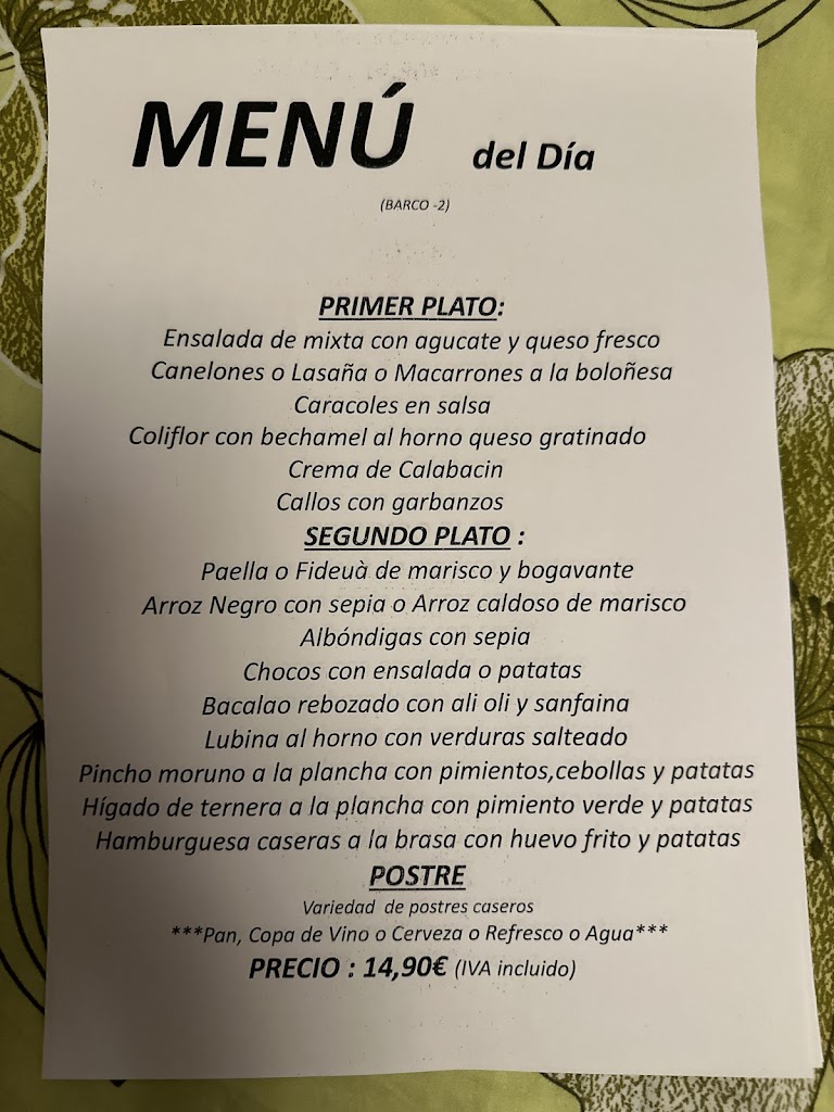 Restaurante el Barco II — Carta