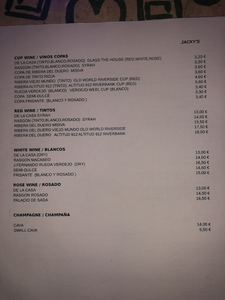 Restaurante Jacky's — Carta