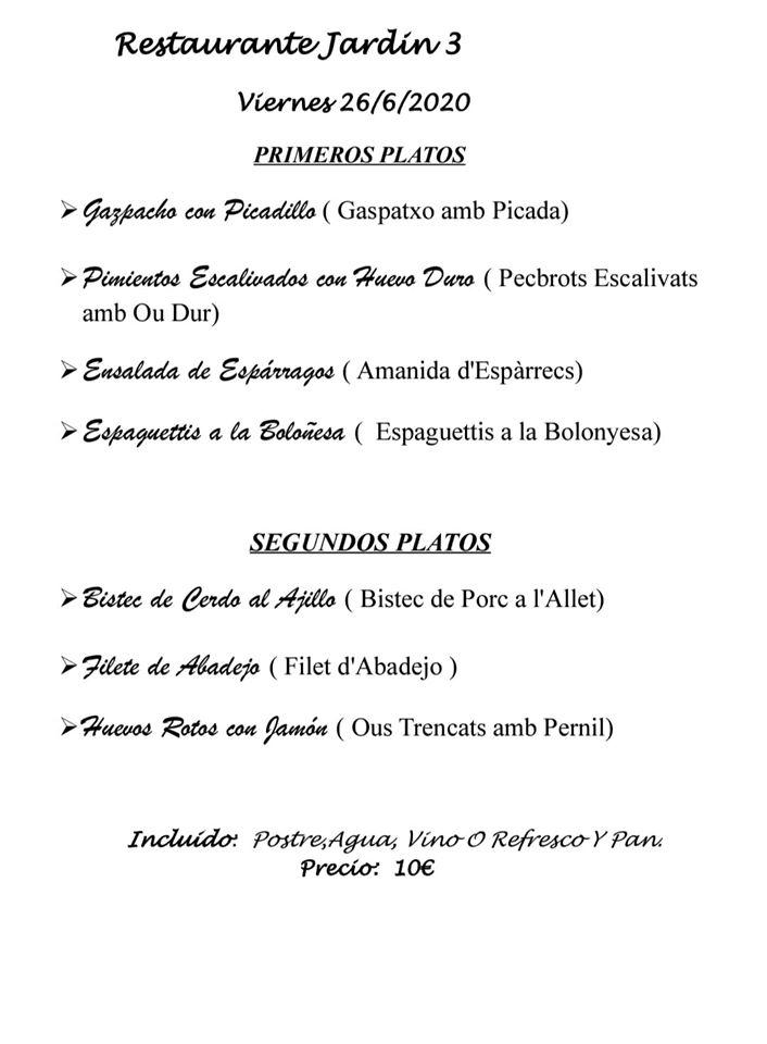Restaurante Jardin 3 — Carta