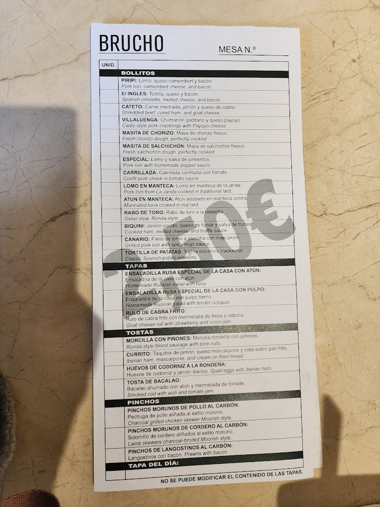 Brucho Bar — Carta