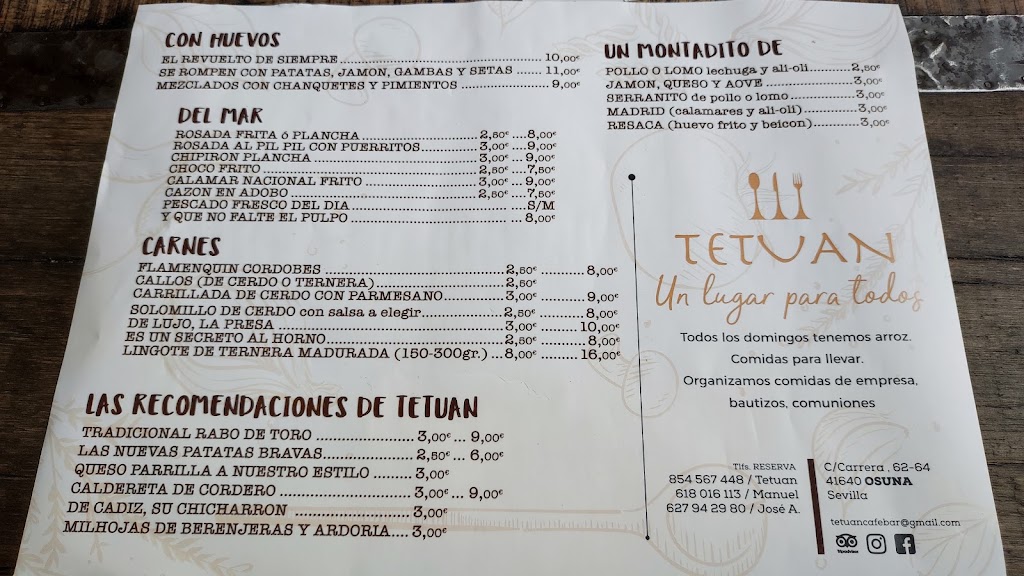 Tetuan Cafe-Bar — Carta