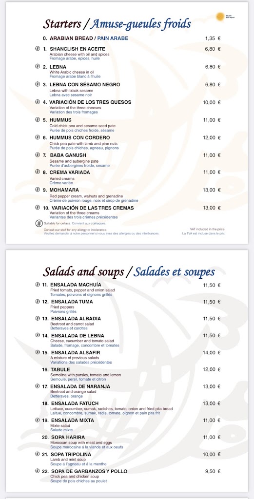 Restaurante Arabe Alsafir — Carta