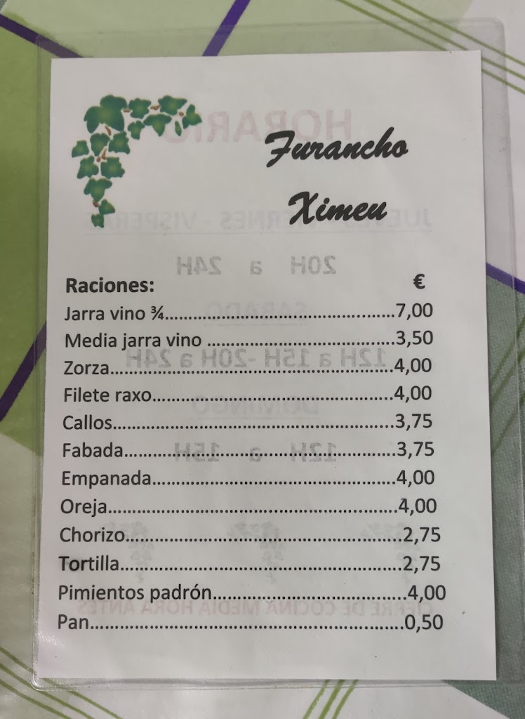 Furancho De Ximeu — Carta