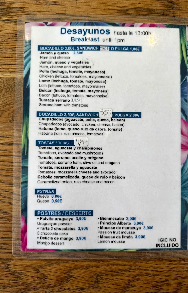 Restaurante Habana La Palma — Carta