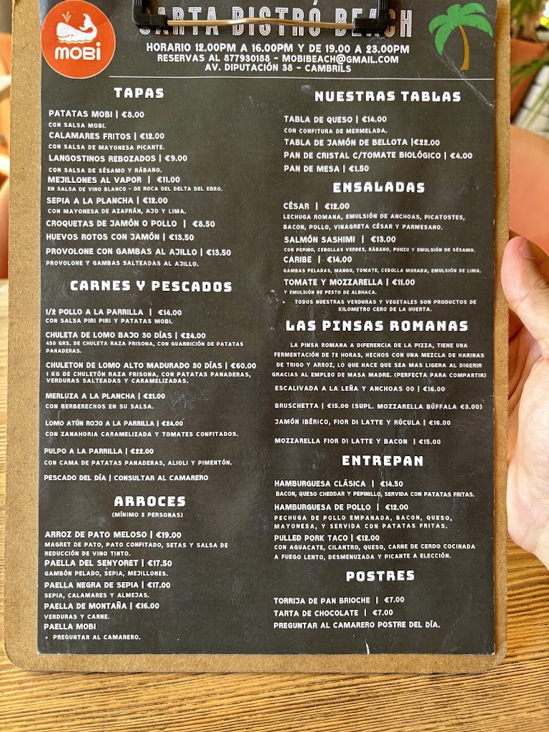 Restaurante MOBI Beach Cambrils — Carta