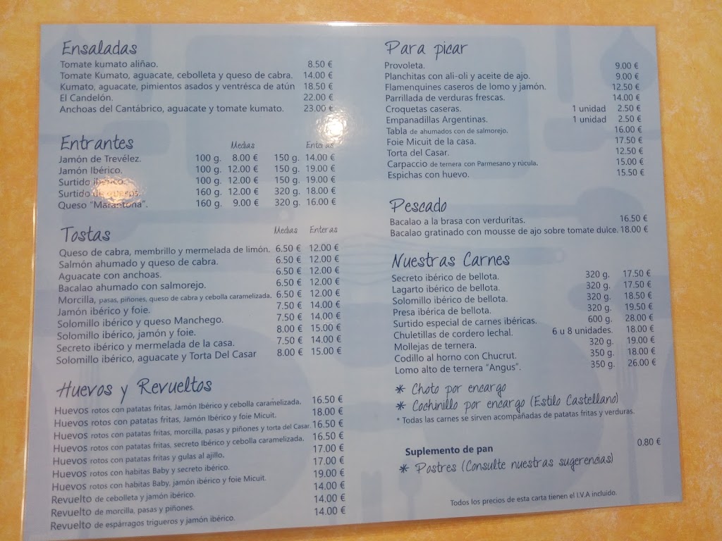 Restaurante "El Candelon" — Carta