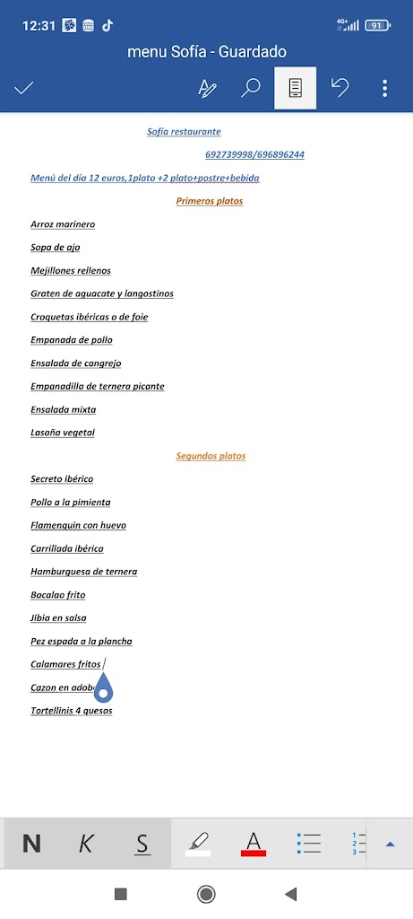 SOFIA Restaurante — Carta