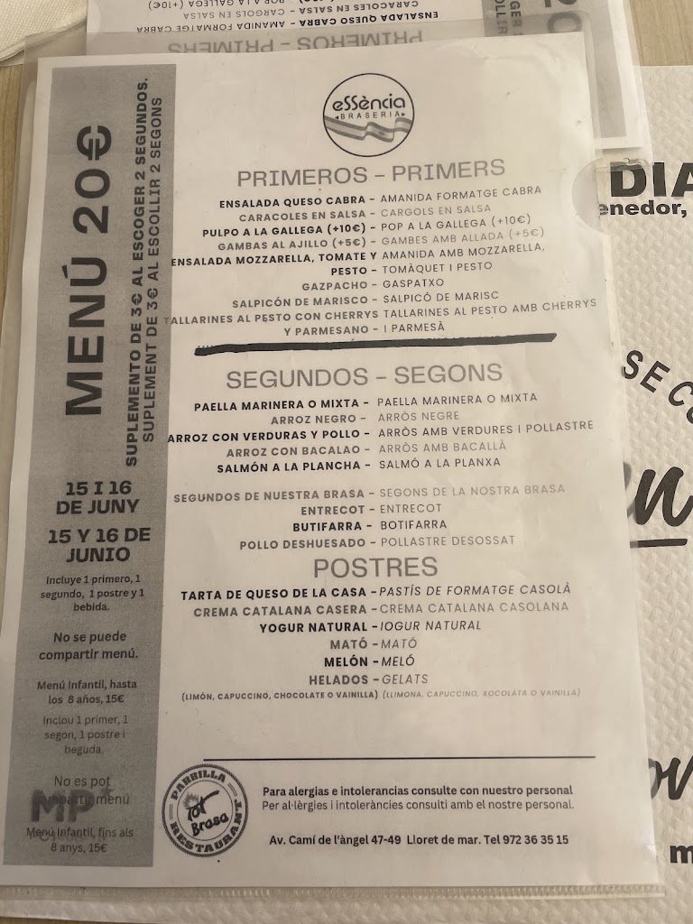 Restaurant eSSencia Braseria — Carta