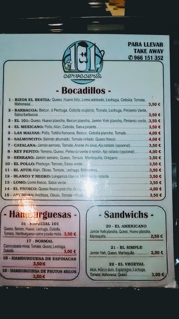 Cerveceria 101 — Carta