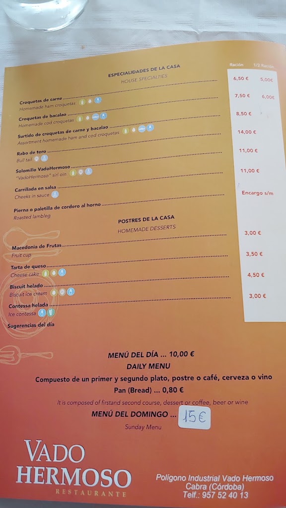 Restaurante Vado Hermoso — Carta