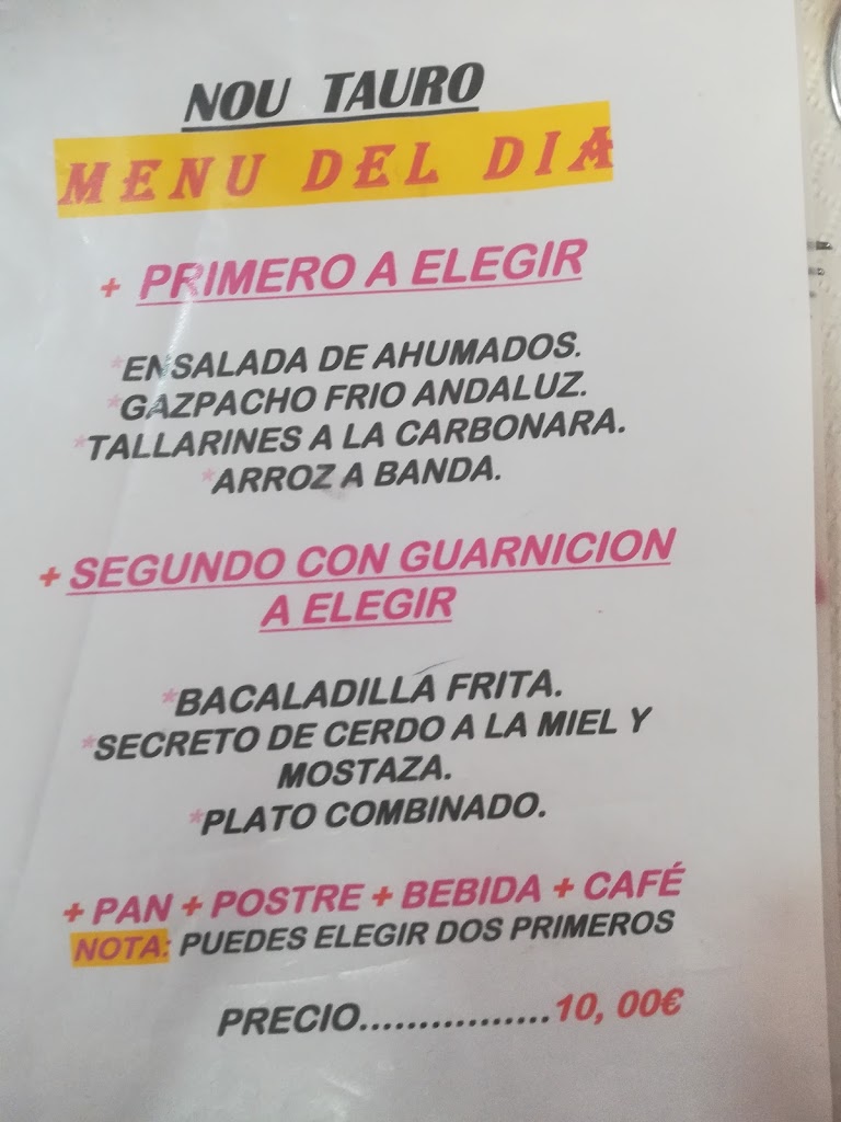Bar Restaurant Nou Tauro — Carta