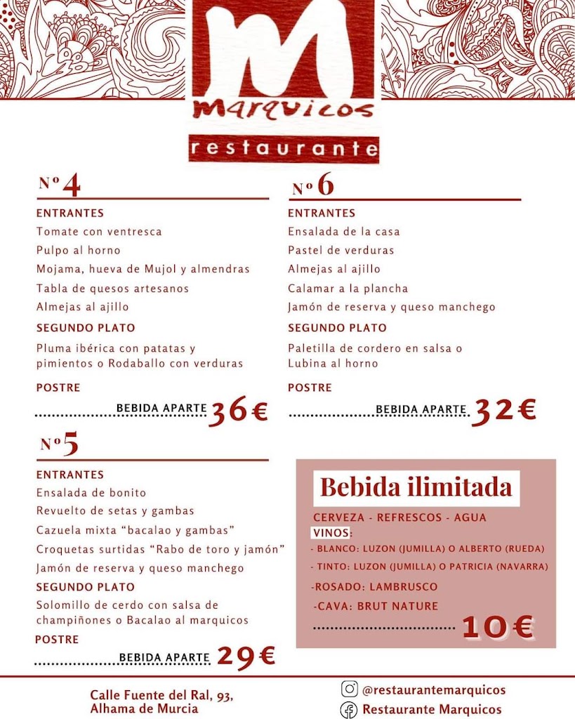Restaurantes en Alhama de Murcia / Restaurante Marquicos — Carta