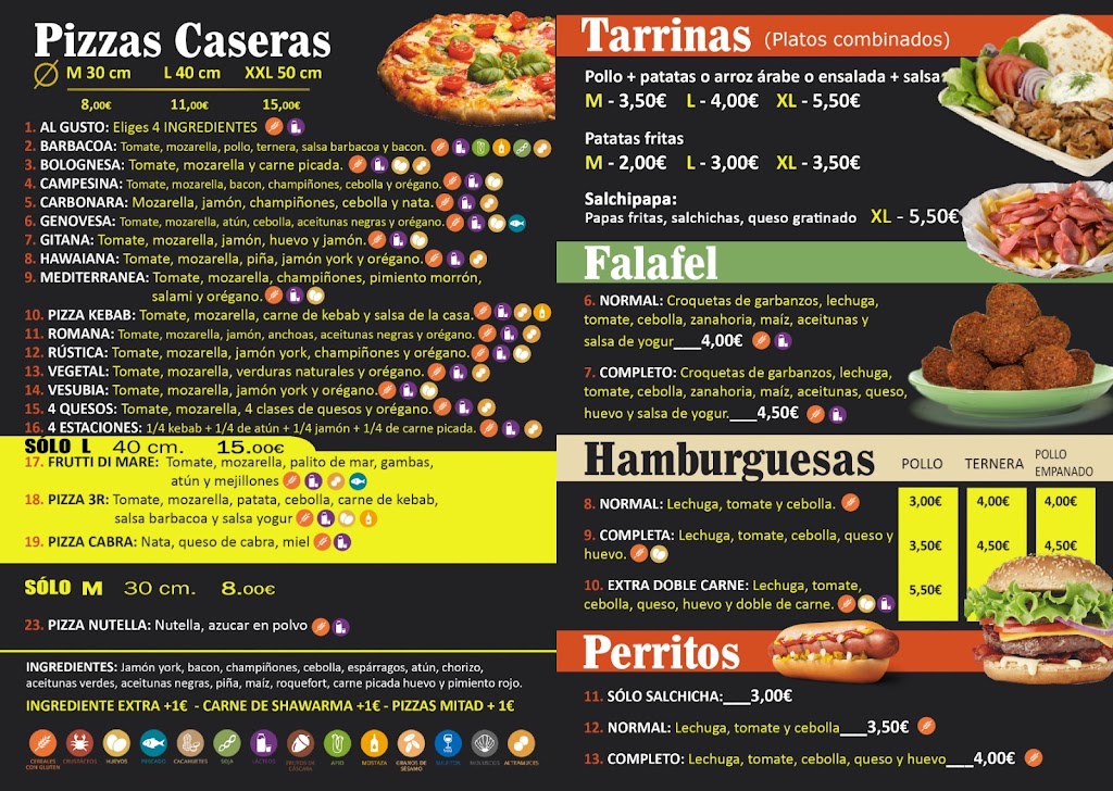 3R Pizzas, kebab, patatas assadas, — Carta