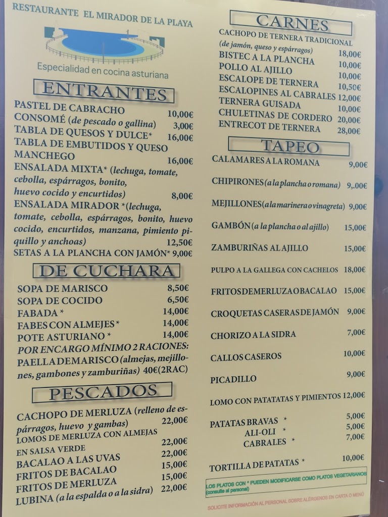 Restaurante El Mirador de la Playa — Carta