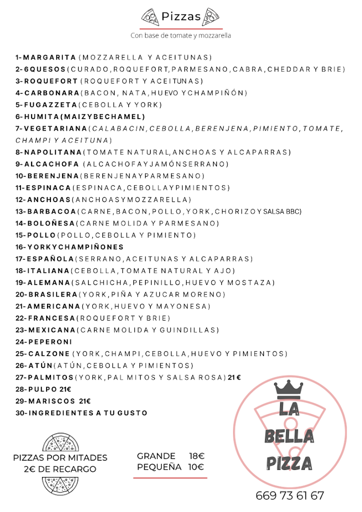 Restaurante La Bella Pizza — Carta