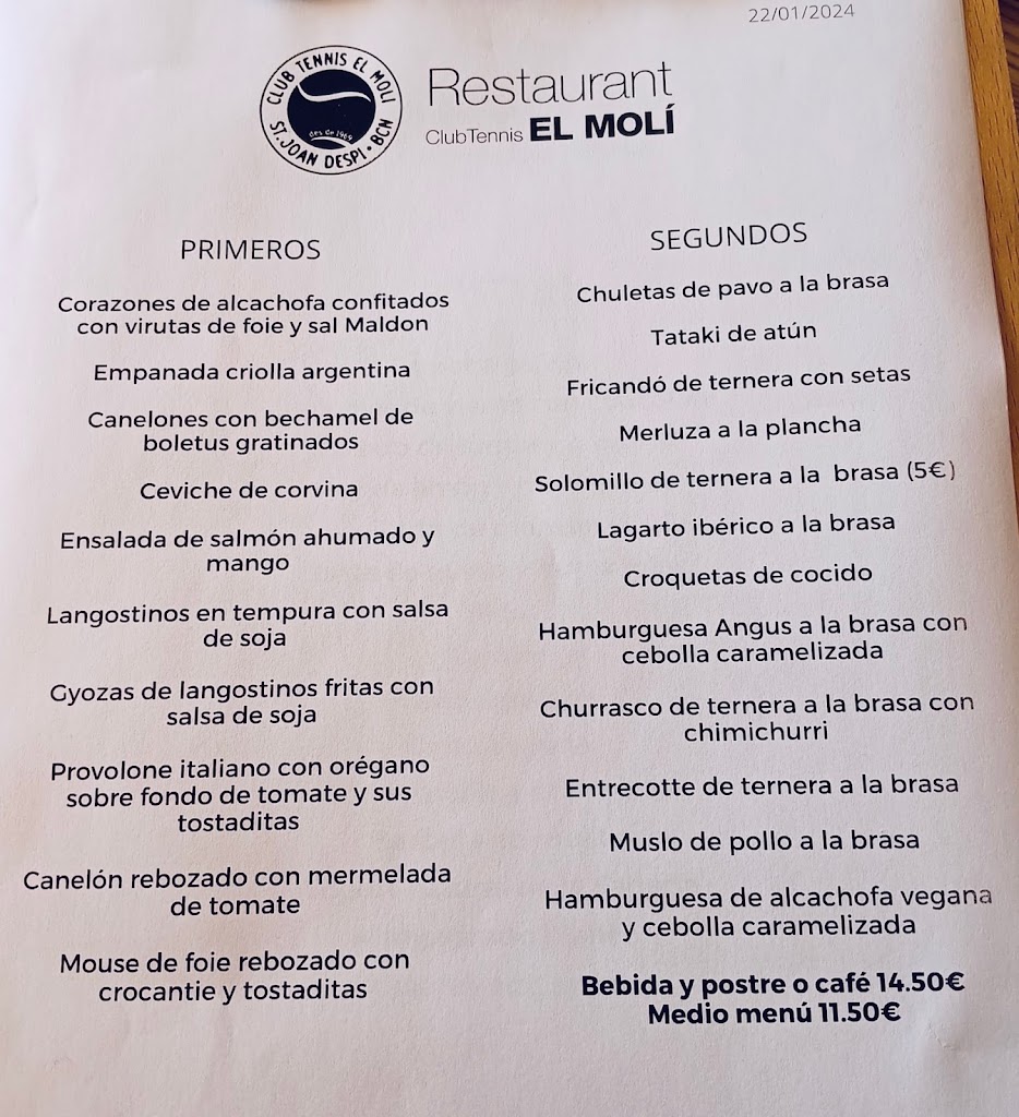 Restaurante Club el Moli — Carta