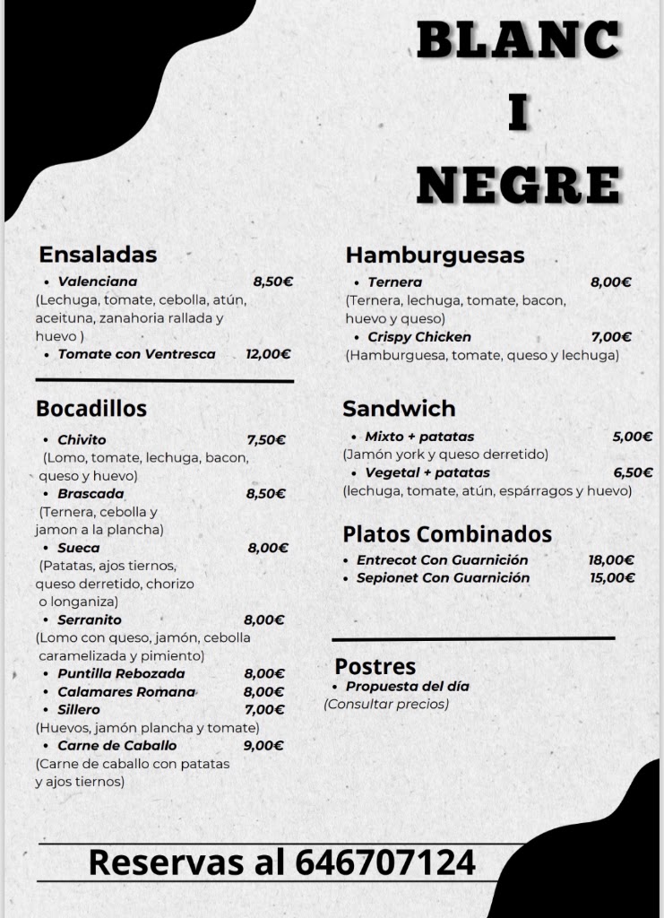 Bar Cafeteria Blanc I Negre 2025 — Carta