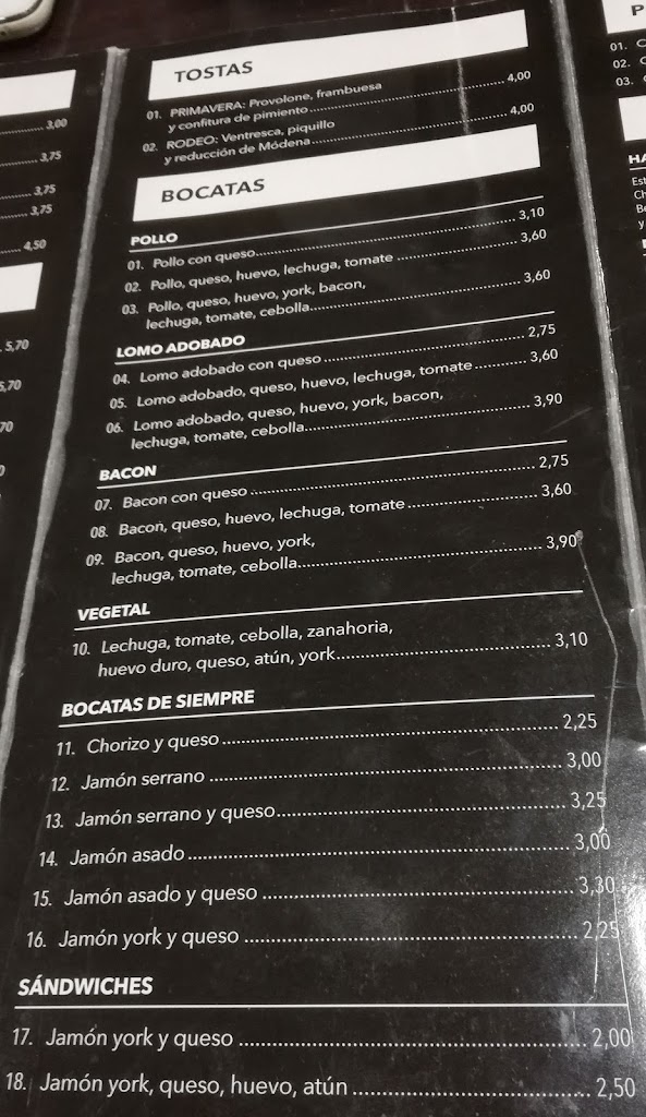 Cafetaria Rodeo — Carta