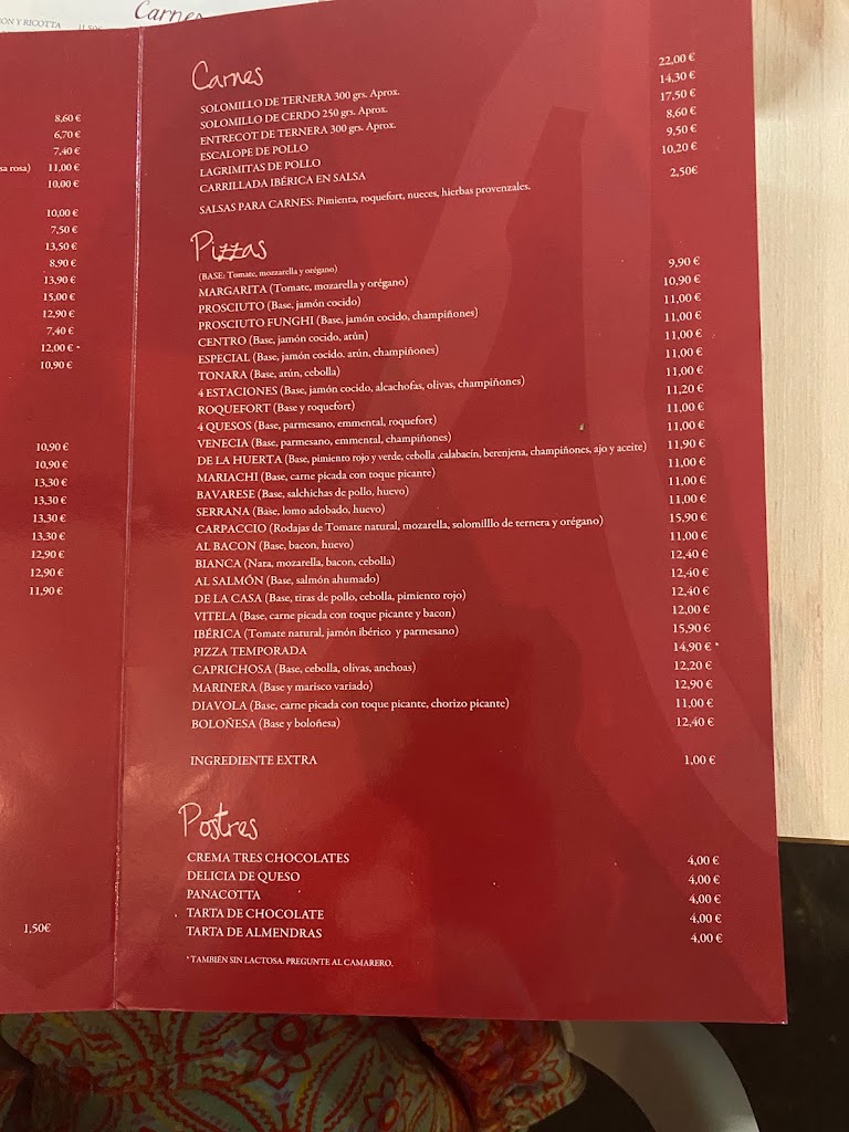 Restaurante Pizzeria Vesubio — Carta