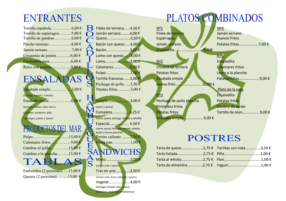 Polbeira & Cafetaria O Manxar — Carta