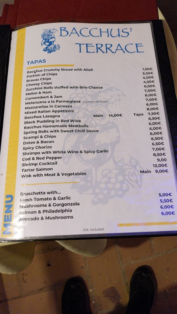 Restaurante Bacchus' Terrace — Carta