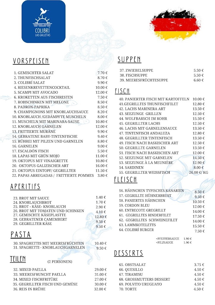 Restaurante Colibri — Carta