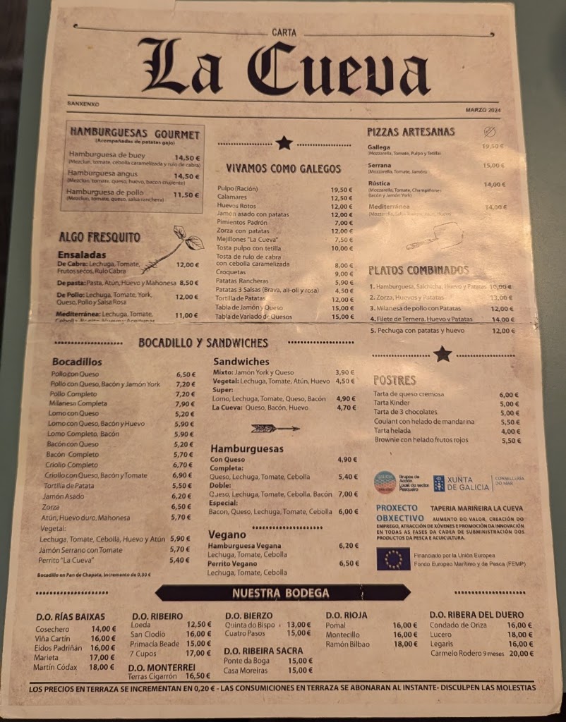 Cerveceria la Cueva — Carta