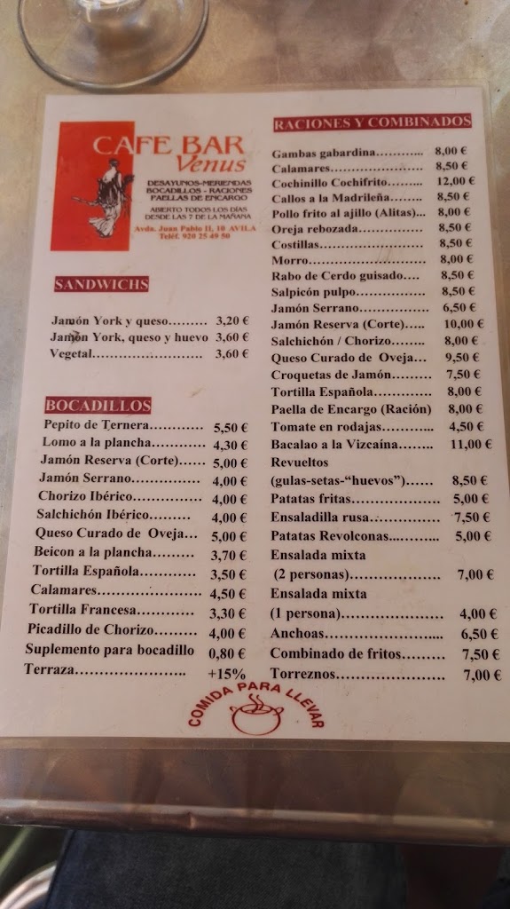Venus Cafe Bar — Carta