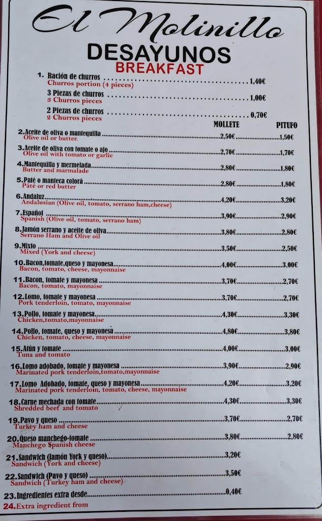 Bar Churreria El Molinillo II — Carta