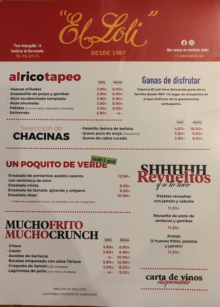 Taberna El Loli — Carta