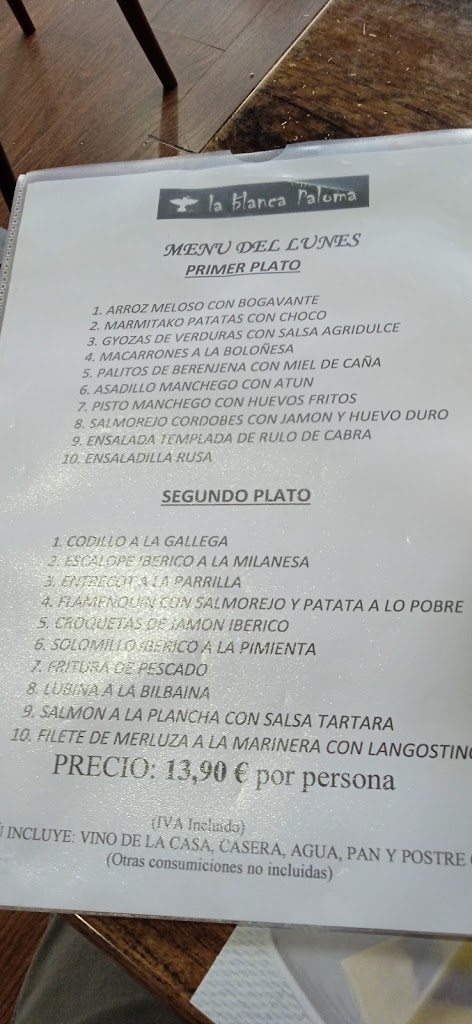 Bar restaurante La Blanca Paloma Parla — Carta