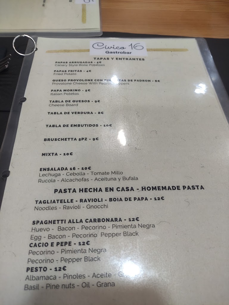 Gastrobar pizzeria civico 16 — Carta