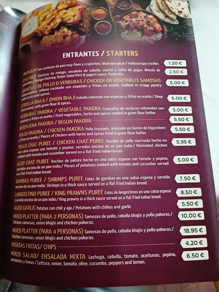 Raj Indian restaurante — Carta