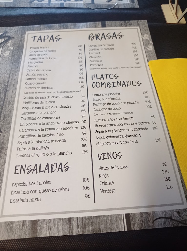 Bar Restaurante Los Faroles — Carta