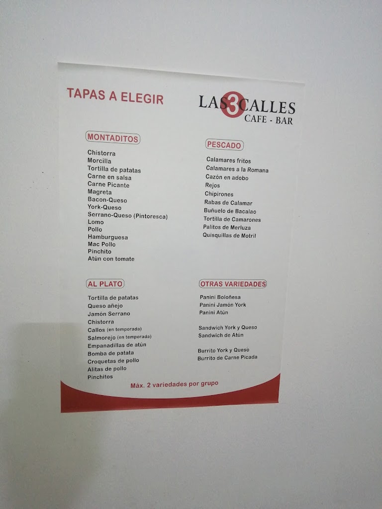 Bar Tres Calles — Carta