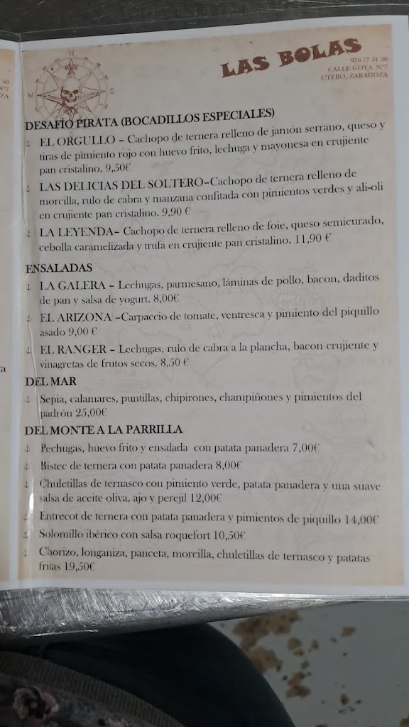 Cafeteria Las Bolas Utebo — Carta