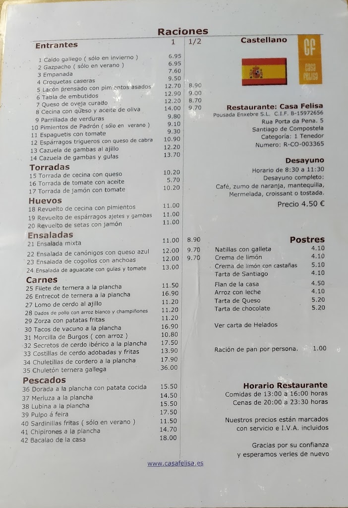 Restaurante Casa Felisa — Carta